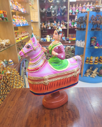 Tanjore dolls Thanjavur Thalayatti Bommai Poikkal Kuthirai Red Woman with Blue Horse dancing doll (12 H * 10 L * 4W) inches golu dolls Tamil Tradition