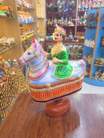 Tanjore dolls Thanjavur Thalayatti Bommai Poikkal Kuthirai Orange Man with Light Green Horse dancing doll(12.5 H * 10 L * 4W) inches golu dolls  Tamil Tradition