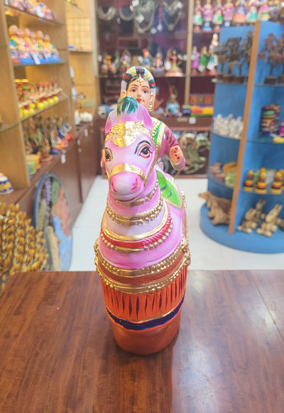 Tanjore dolls Thanjavur Thalayatti Bommai Poikkal Kuthirai Red Woman with Blue Horse dancing doll (12 H * 10 L * 4W) inches golu dolls Tamil Tradition