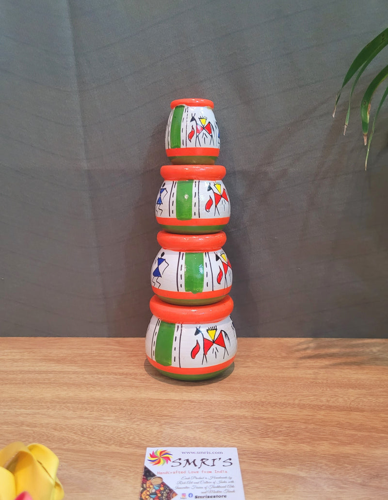 Wooden Pot set of 4 White*Red (7H * 2.5L * 2.5W) inches traditional Show piece Home decor Hand painted Indian crafts