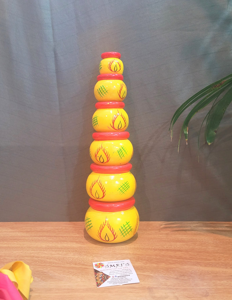 Wooden pot set of 6 Yellow & Red (11.5H * 3L * 3W) inches traditional Show piece Home decor Hand painted Indian crafts