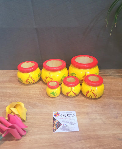 Wooden pot set of 6 Yellow & Red (11.5H * 3L * 3W) inches traditional Show piece Home decor Hand painted Indian crafts