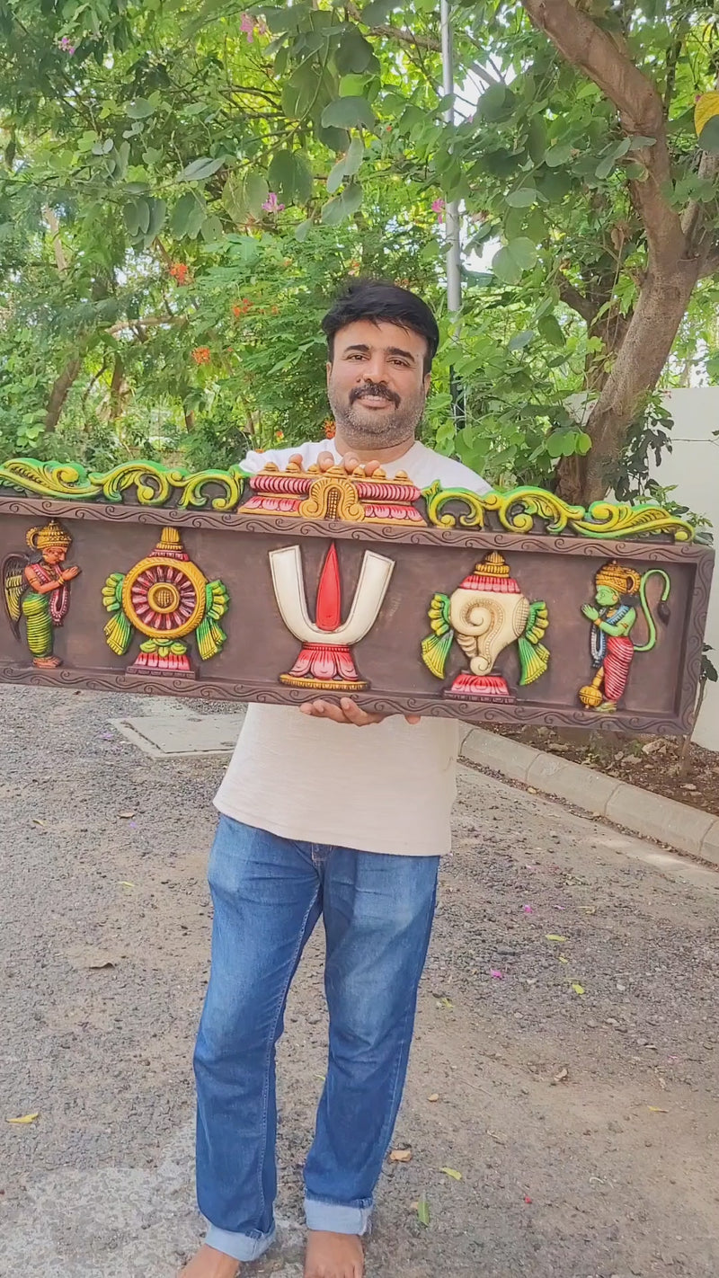 Wooden Namam Sangu Chakram With Garudan And Hanuman Wooden Wall Panel Frame Wall Hanging (12H* 36.5L* 2W Inches )