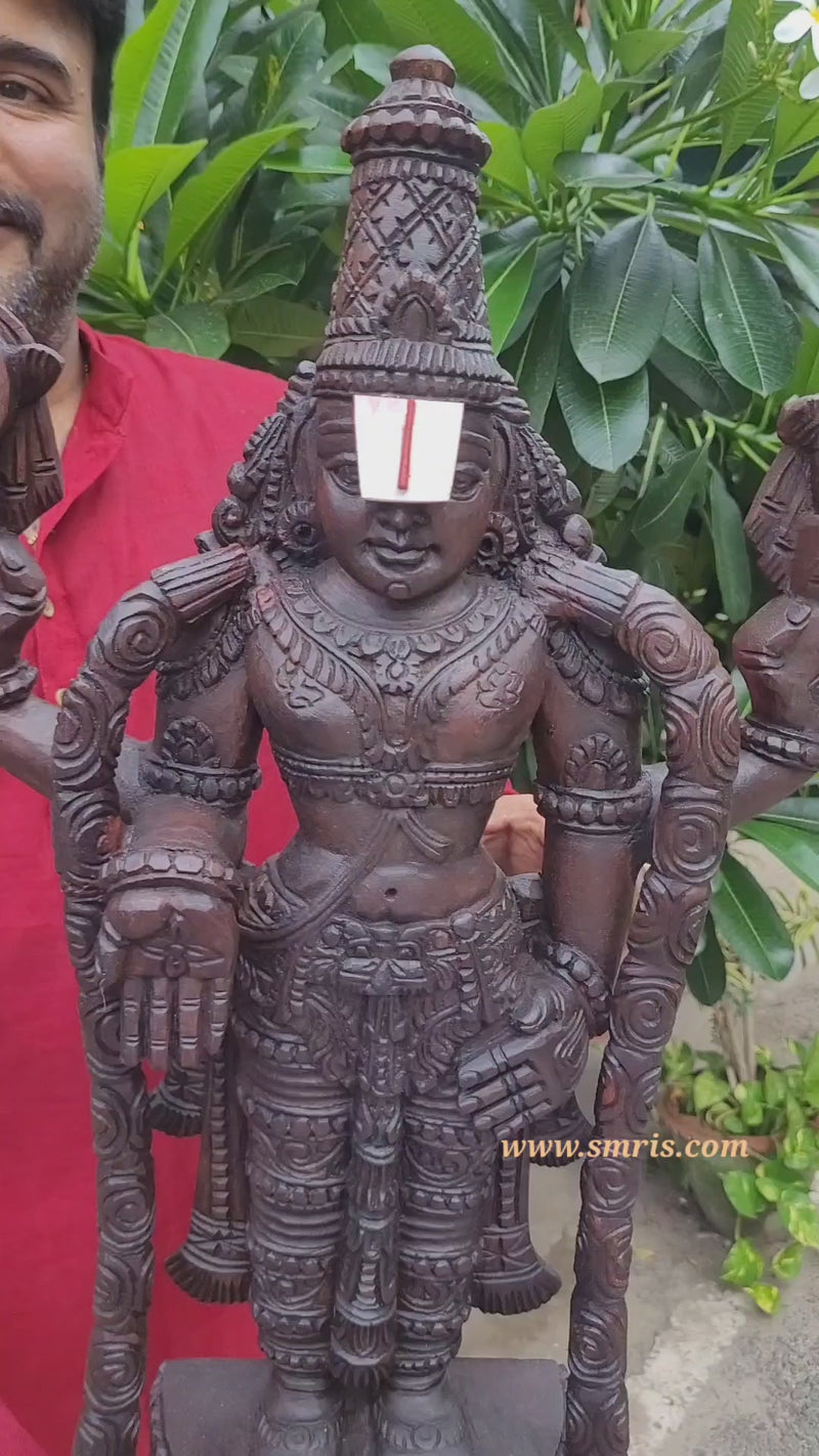Lord Kalyana Balaji / Perumal Blue Colour Wooden Statue Idol 24Inch Pooja Idol Table Decor Entrance Decor Vaagai Wood Carving Traditional Indian Handicrafts (24H x 13L x 6W Inches)