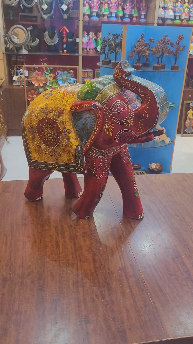 Wooden carving Elephant Red 15" (15 H * 15 L * 6 W ) Inch