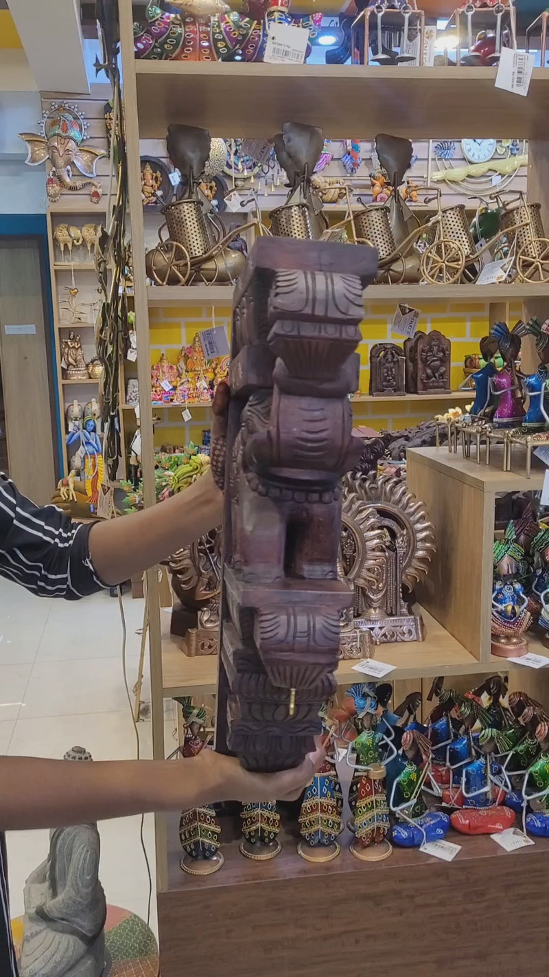 Wood carving Trunk Up Elephant Wall Bracket / Corbel Natural Colour BIG double Bodhil Wood Carving Traditional Chettinad Handicrafts (18H x 9.5L x 3.5W Inches)