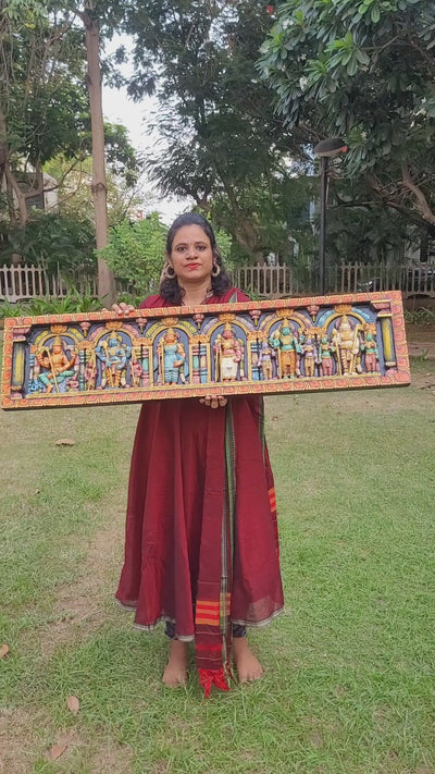 Arupadai Murugar Sri Subramaniam Swamy Wood Wall Panel Wood Carving Mahogany Wood Traditional Chettinad Indian Handicrafts Colour 1 (12 H x 48 L x 2 W Inches)