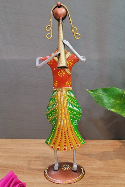 Punjabi Musician Lady Standing With Pipe (Orange, Green) (13 H, 3.5 L, 3 W) Inches iron