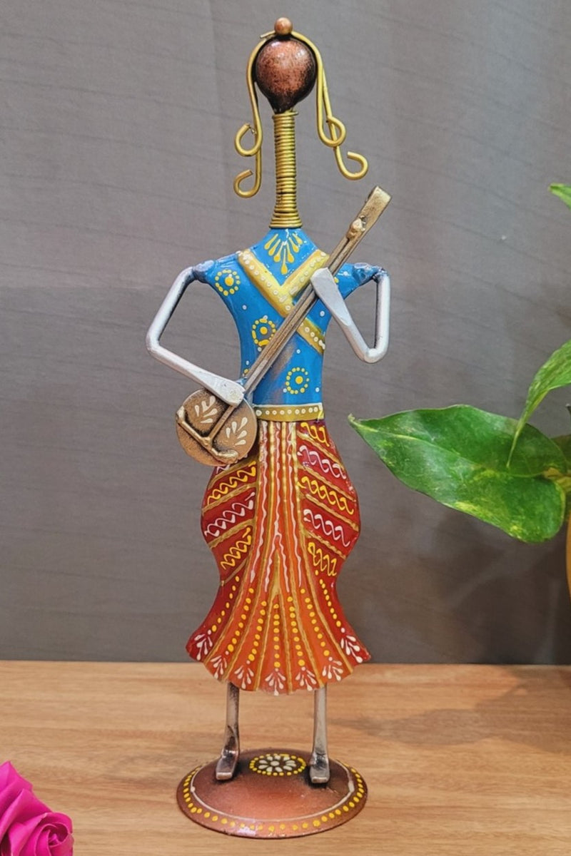 Punjabi Musician Lady Standing With Veenai (Blue, Red) (13 H, 3.5 L, 3 W) Inches iron