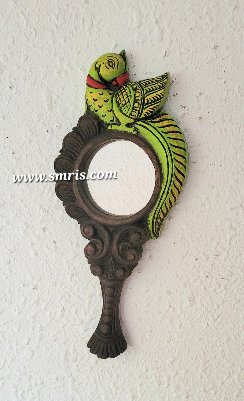 Parrot Handle Mirror Wall decor Right Side Chettinad Wooden Carving Mahogany Wood Frame Traditional Indian Handicrafts (17 H x 7.5 L x 1.5 W inches)