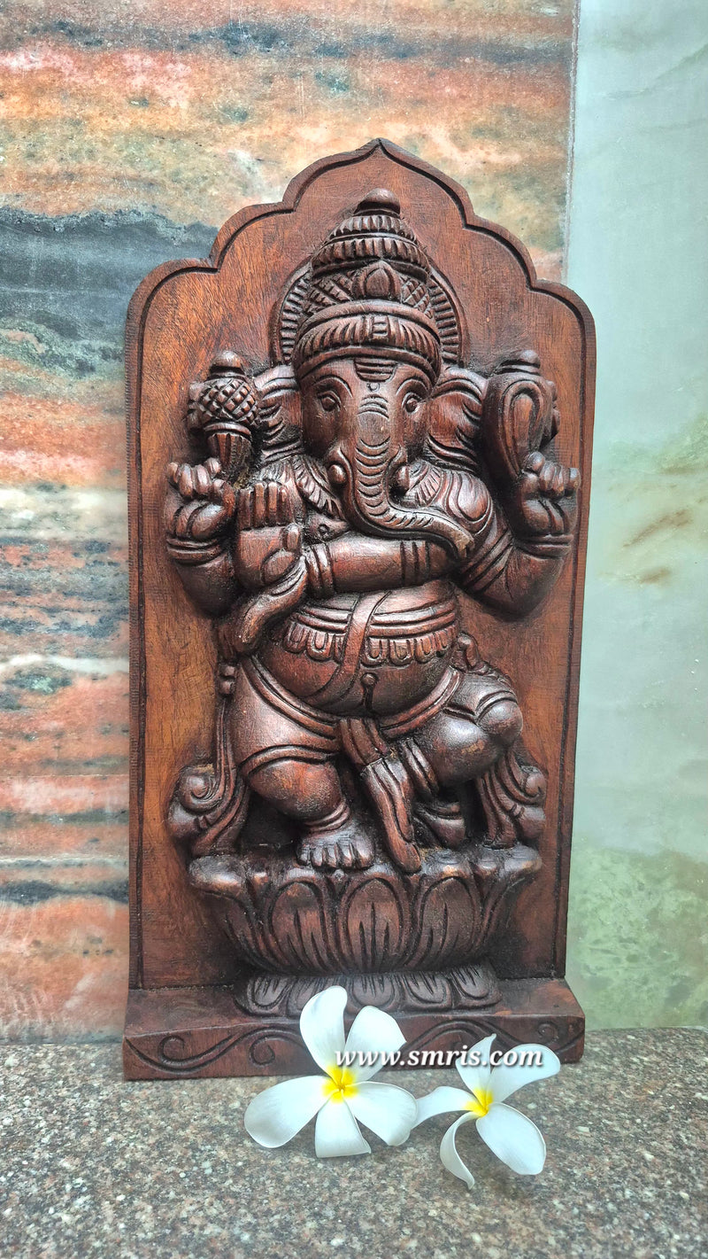 Dancing Ganesha Rosewood Natural Colour Mahogany Wood Carving Wall Panel / Wall Hanging Puja Room Traditional Chettinad Indian Handicrafts Puja Room Decor House Warming Gifts (15H x 8L x 2W Inches)