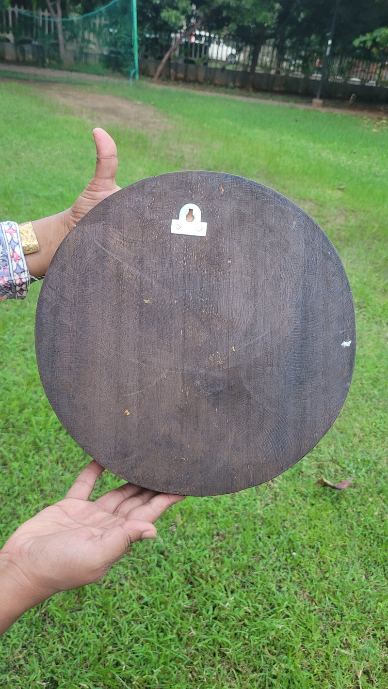 Goddess Mahalakshmi Round Wooden Wall Panel Frame | Traditional Indian Handicraft Decor (12x12x2 Inches)