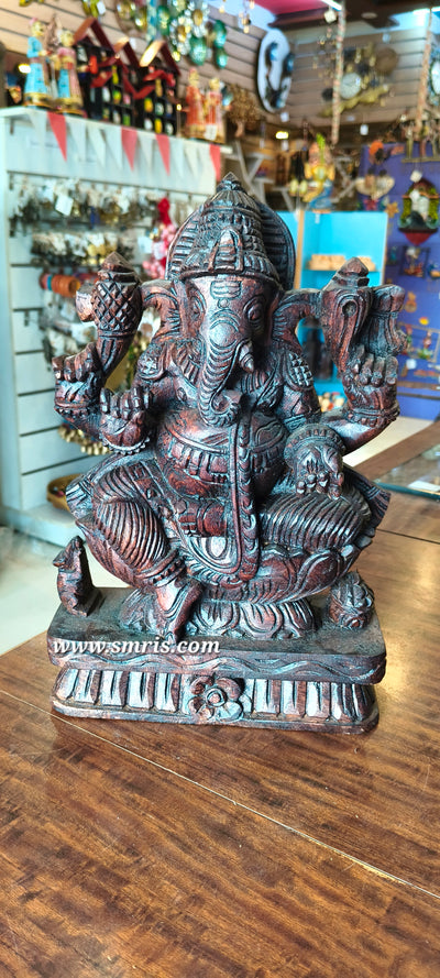 Lord Ganesha Vinayagar Wooden Statue Sculpture Idol Rosewood Colour 12 Inch Pooja Idol Table Decor Vaagai Wood Carving Traditional Chettinad Indian Handicrafts (12 H x 8 L x 3 W inches)