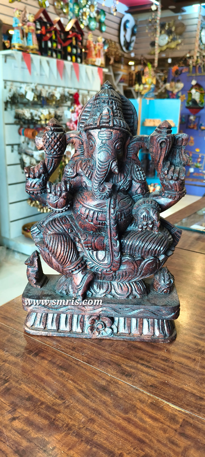 Lord Ganesha Vinayagar Wooden Statue Sculpture Idol Rosewood Colour 12 Inch Pooja Idol Table Decor Vaagai Wood Carving Traditional Chettinad Indian Handicrafts (12 H x 8 L x 3 W inches)