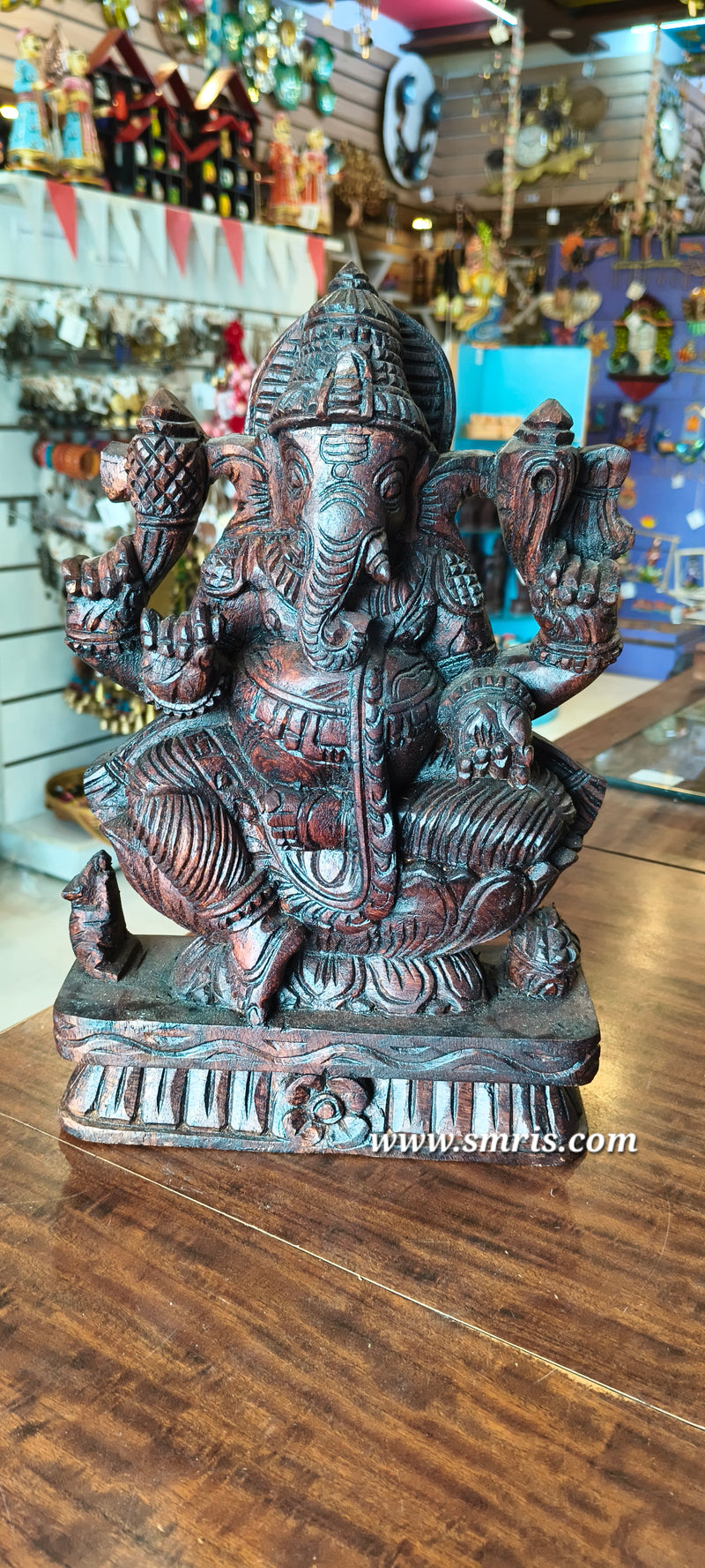 Lord Ganesha Vinayagar Wooden Statue Sculpture Idol Rosewood Colour 12 Inch Pooja Idol Table Decor Vaagai Wood Carving Traditional Chettinad Indian Handicrafts (12 H x 8 L x 3 W inches)