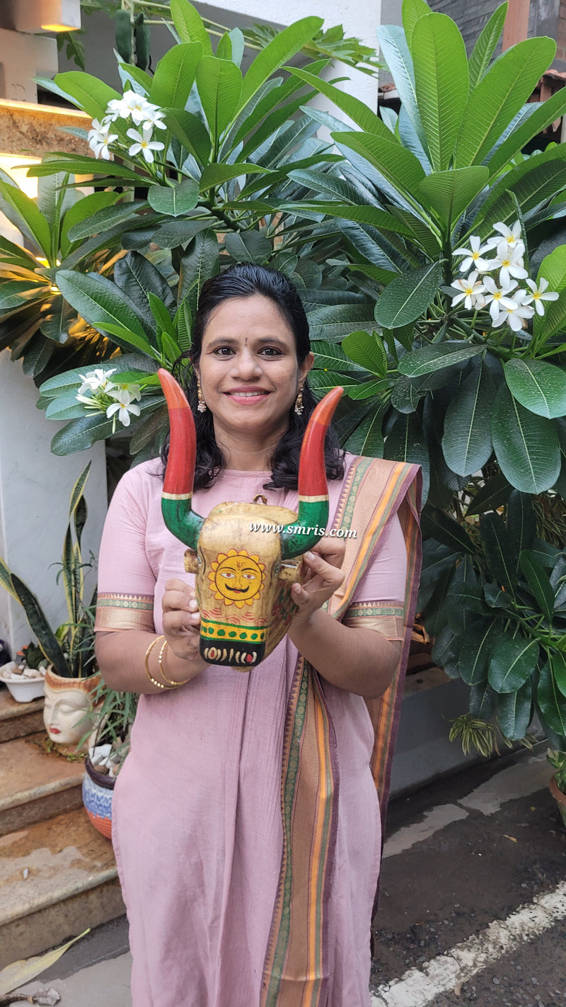 Nandhi Head Wall Decor Sandal Mango Wooden Carving Traditional Indian Handicrafts (13H x 7L x 5W Inches) Living and Pooja Room Decor Housewarming Gift