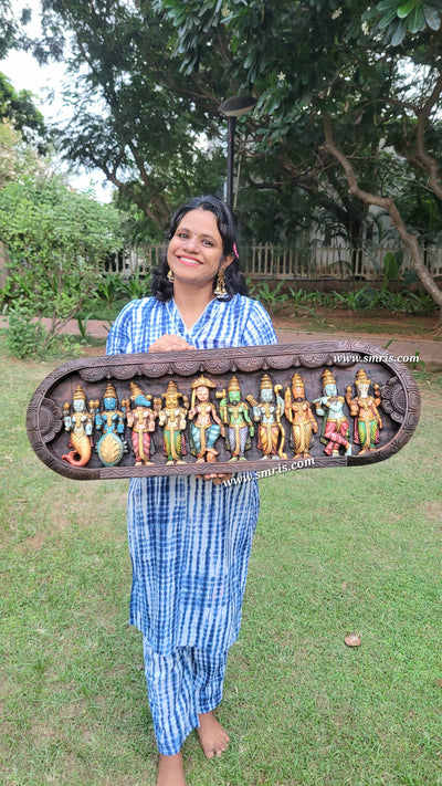 Dasavatharam Mahogani Wood Carving Wall Panel / Wall Hanging Puja Room Traditional Chettinad Indian Handicrafts Puja room decor House warming gifts design 2 (12 H x 36 L x 2 W inches)