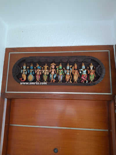 Dasavatharam Mahogani Wood Carving Wall Panel / Wall Hanging Puja Room Traditional Chettinad Indian Handicrafts Puja room decor House warming gifts design 2 (12 H x 36 L x 2 W inches)