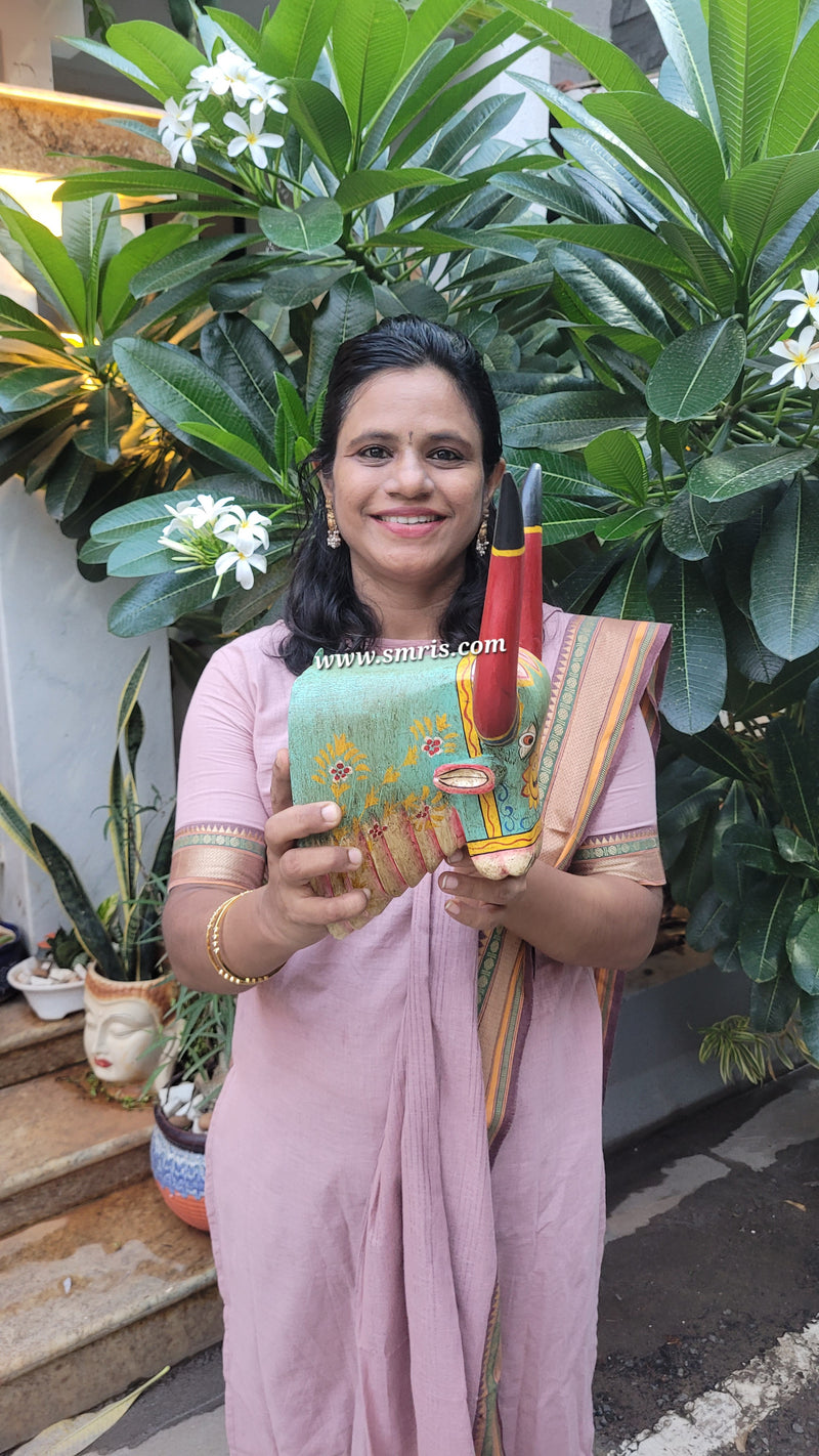 Wood carving Nandhi Head Wall Decor Green Mango Wooden Carving Traditional Indian Handicrafts (13H x 7L x 5W Inches) Living and Pooja Room Decor Housewarming Gift