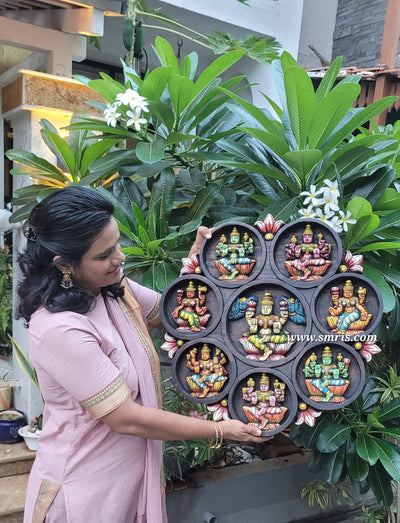 Goddess AshtaLakshmi ashtalakshmi Circular Wood Carving Wall Panel Multicolour Vaagai Wood Wall Hanging Traditional Indian Handicrafts (23.5H * 23L * 2W Inches)