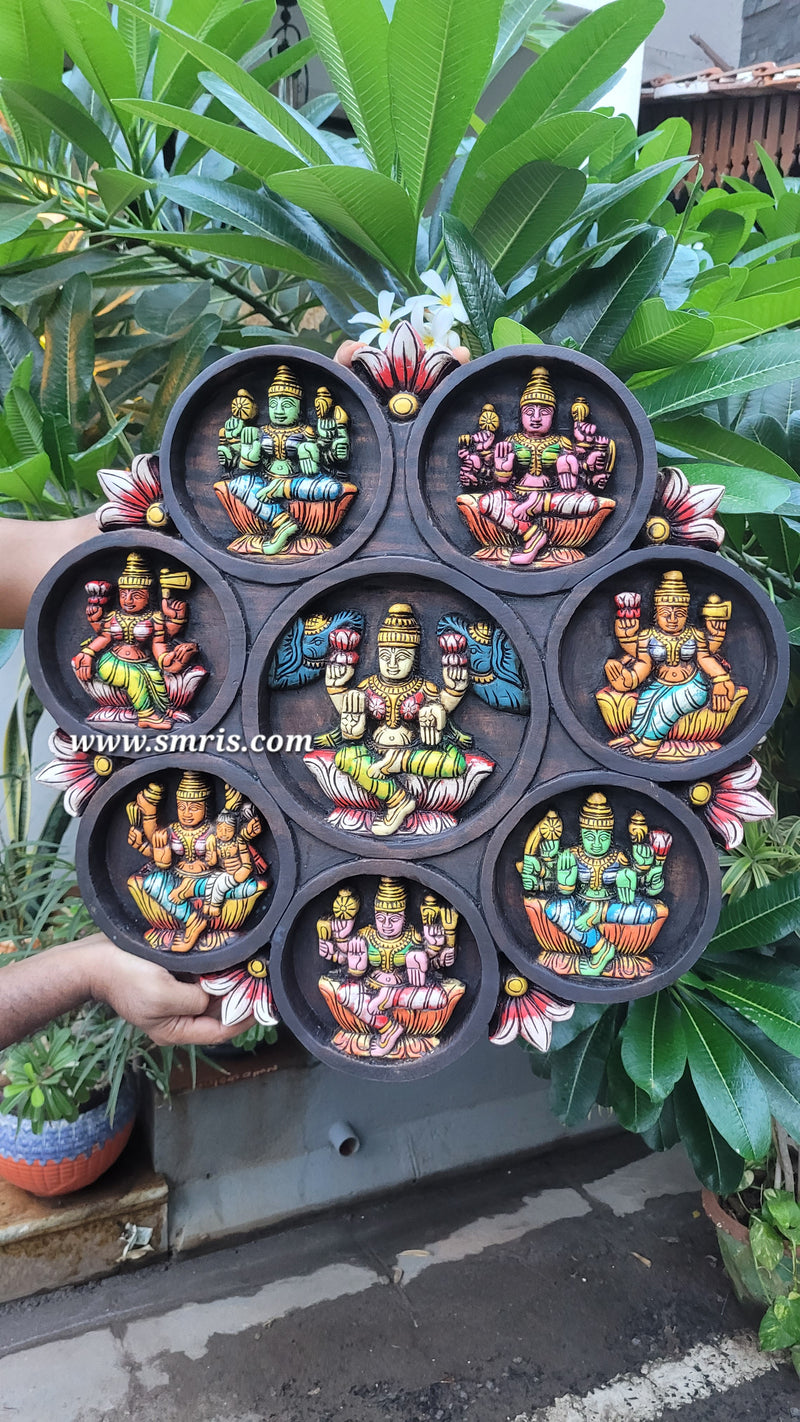 Goddess AshtaLakshmi ashtalakshmi Circular Wood Carving Wall Panel Multicolour Vaagai Wood Wall Hanging Traditional Indian Handicrafts (23.5H * 23L * 2W Inches)