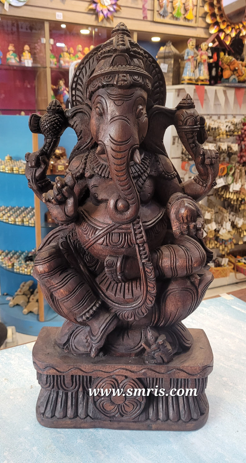 Lord Ganesha / Vinayagar Trunk Right Side Wooden Statue Sculpture Idol Rosewood Colour 24 Inch Design 2 Vaagai Wooden Carving Pooja Idol Table Decor Traditional Chettinad Indian Handicrafts (24H x 12L x 5W Inches)