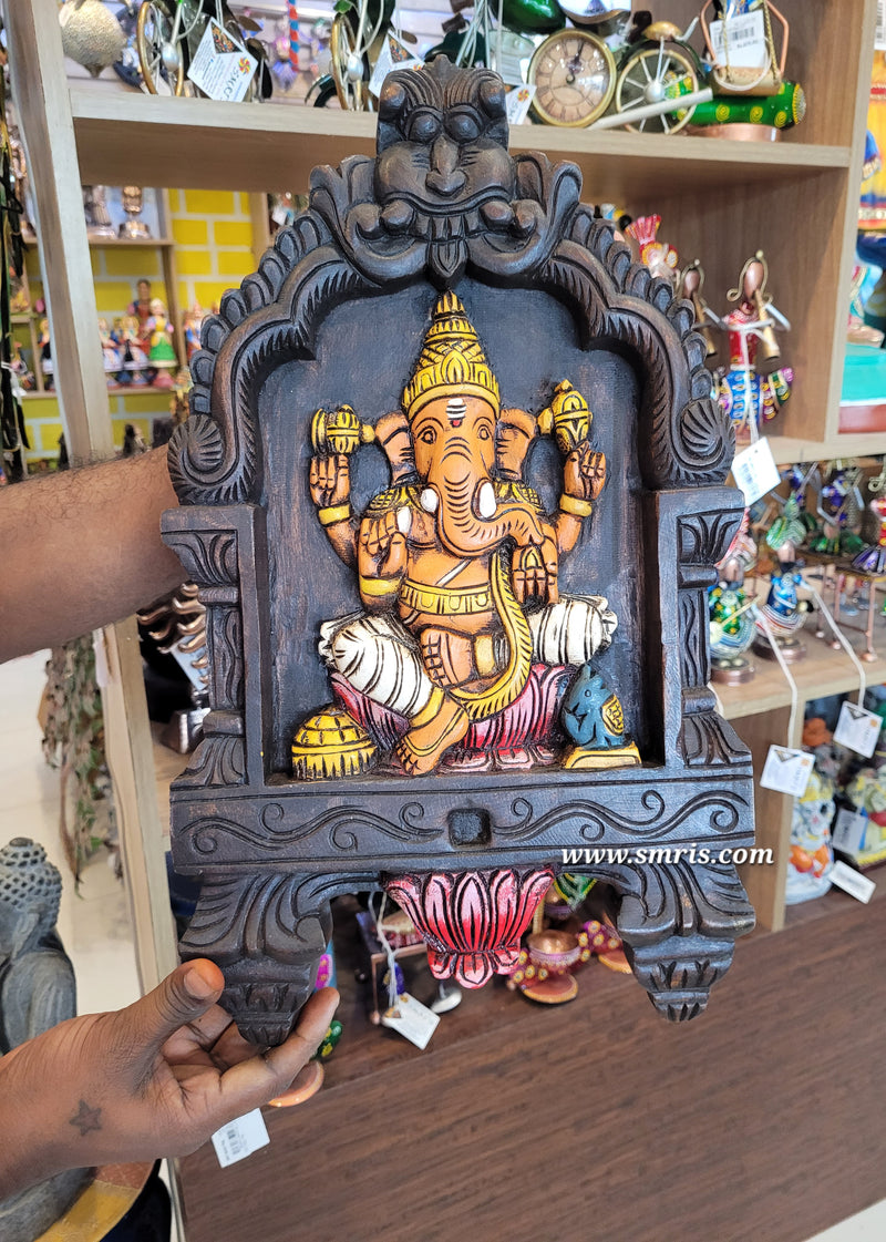 Ganesha Kavadi 18 Inch Wall Panel Handcrafted Mahogany Wooden Carving Wall Panel Wall Decor Pooja Decor Traditional Chettinad Handicrafts ( 18H* 10L* 1.5W Inches )