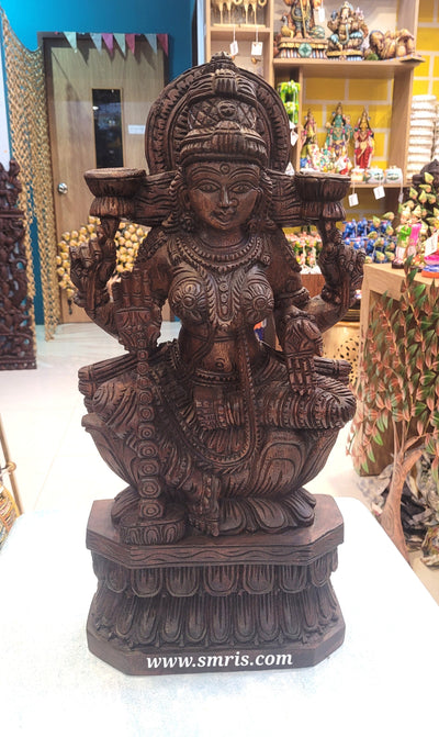 Goddess Lakshmi Wooden Statue Sculpture Idol Rosewood Colour 24 Inch Design 1 Vaagai Wooden Carving Pooja Idol Table Decor Traditional Chettinad Indian Handicrafts (24H x 12L x 4.5W Inches)