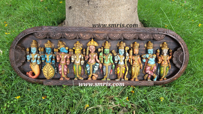 Dasavatharam Mahogani Wood Carving Wall Panel / Wall Hanging Puja Room Traditional Chettinad Indian Handicrafts Puja room decor House warming gifts design 2 (12 H x 36 L x 2 W inches)