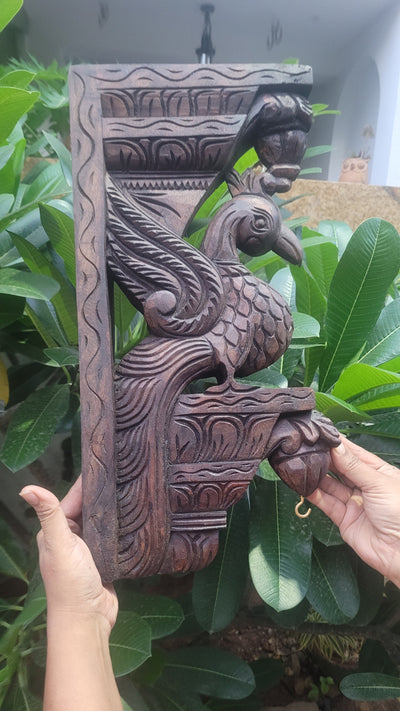 Peacock Rosewood Natural Colour double Bodhil Vagai Wood Carving Wall Bracket / Corbel Wall Handing Entrance Decor Puja Decor Traditional Chettinad Indian Handicrafts (18H x 9L x 2.5W Inches)
