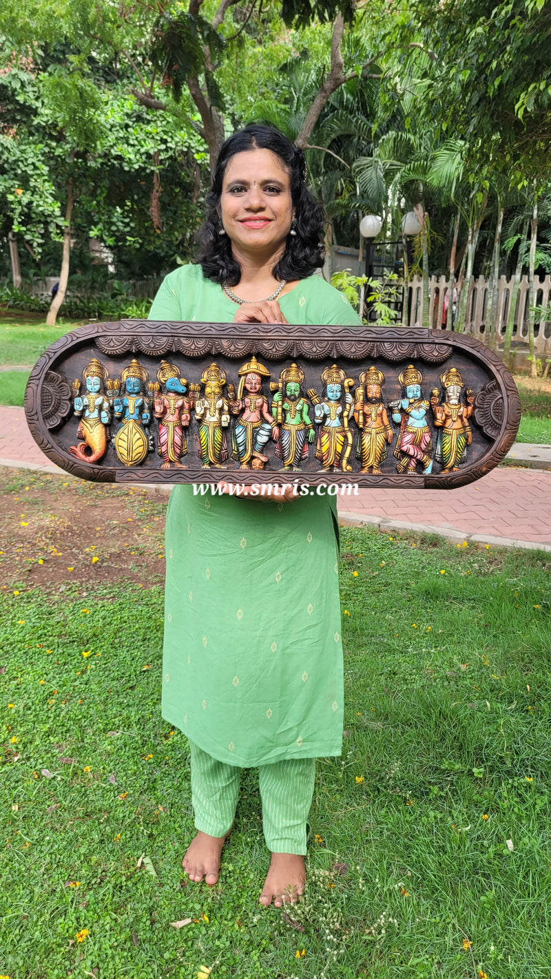 Dasavatharam Mahogani Wood Carving Wall Panel / Wall Hanging Puja Room Traditional Chettinad Indian Handicrafts Puja room decor House warming gifts design 2 (12 H x 36 L x 2 W inches)