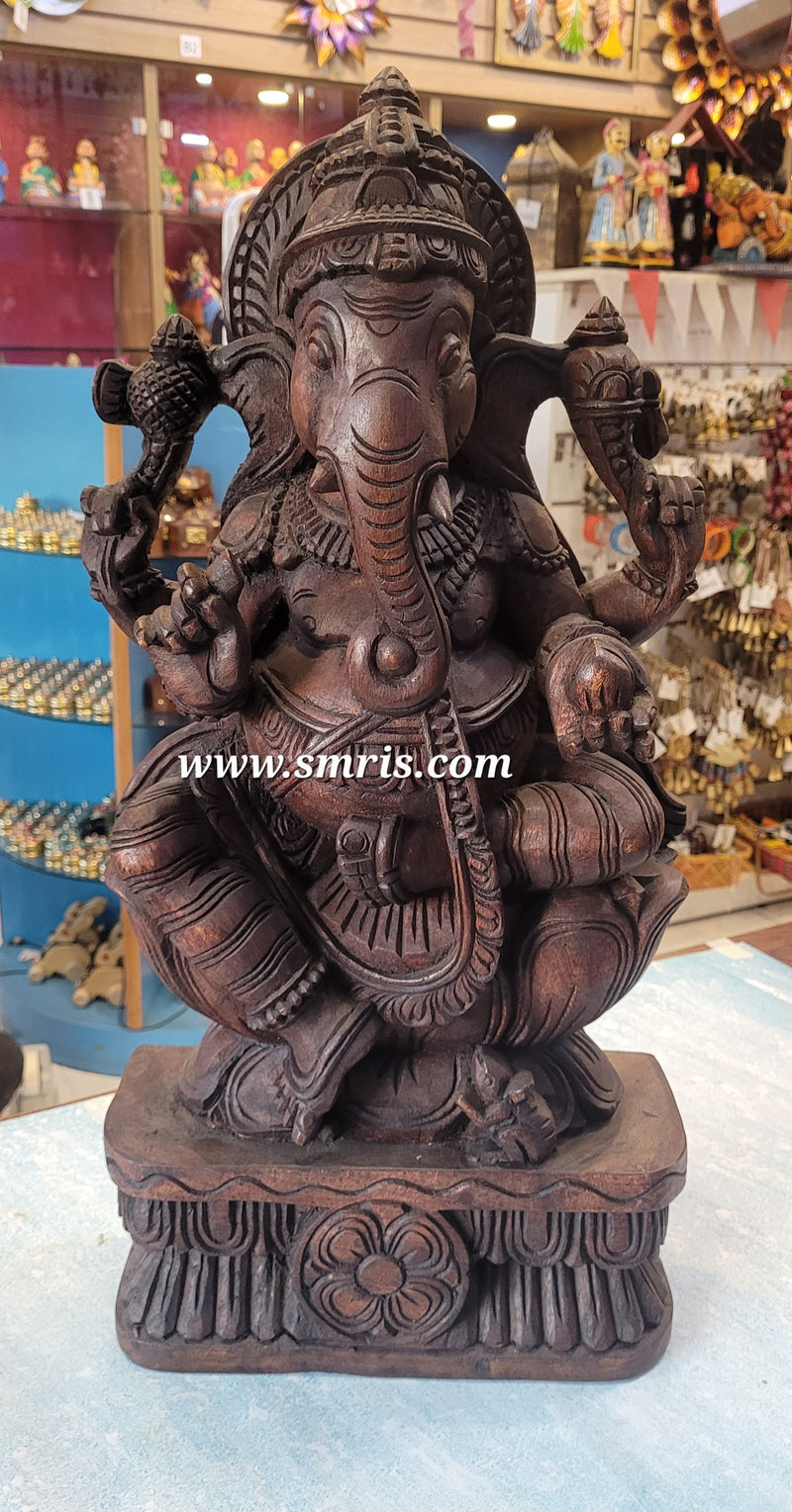 Lord Ganesha / Vinayagar Trunk Right Side Wooden Statue Sculpture Idol Rosewood Colour 24 Inch Design 2 Vaagai Wooden Carving Pooja Idol Table Decor Traditional Chettinad Indian Handicrafts (24H x 12L x 5W Inches)