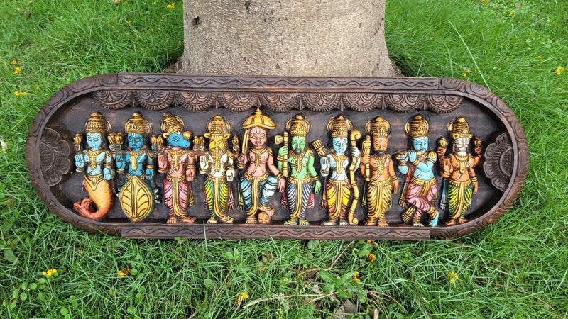 Dasavatharam Mahogani Wood Carving Wall Panel / Wall Hanging Puja Room Traditional Chettinad Indian Handicrafts Puja room decor House warming gifts design 2 (12 H x 36 L x 2 W inches)