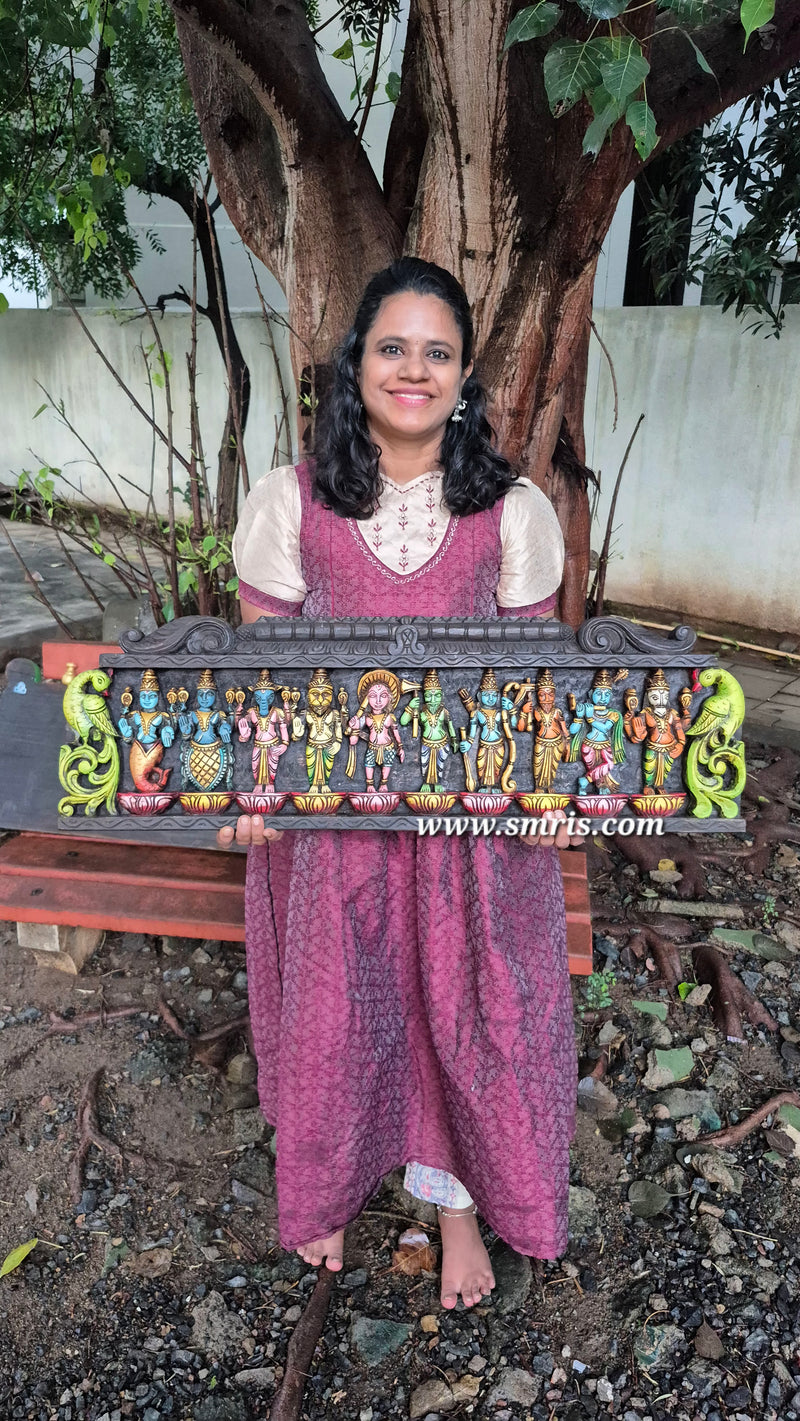 Dasavatharam Wood Carving Wall Panel / Wall Hanging Design 5 Mahogany Wood Puja Room Traditional Chettinad Indian Handicrafts House Warming Gifts (12 H x 36 L x 2 W Inches)