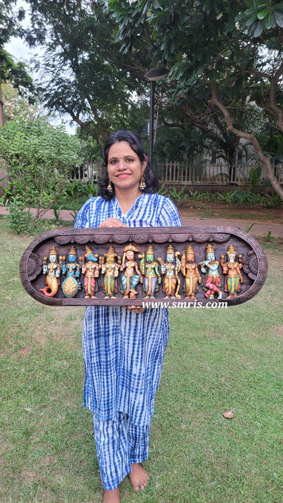 Dasavatharam Mahogani Wood Carving Wall Panel / Wall Hanging Puja Room Traditional Chettinad Indian Handicrafts Puja room decor House warming gifts design 2 (12 H x 36 L x 2 W inches)