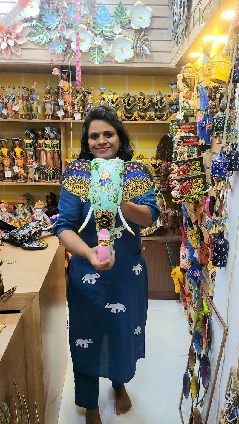 Elephant Head Pichawai Painting Mango Solid Wood Green with Blue Shrinathji / Perumal Wall Decor Indian Handicrafts Traditional Foyer Entrance Vastu Decor (15.5H, 14 L, 4.5 W) Inches