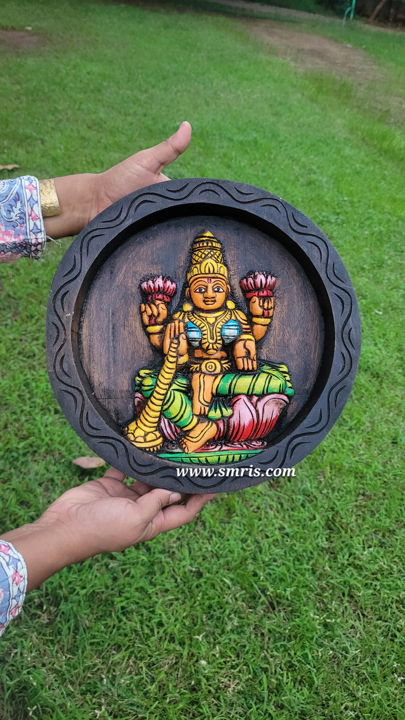 Goddess Mahalakshmi Round Wooden Wall Panel Frame | Traditional Indian Handicraft Decor (12x12x2 Inches)