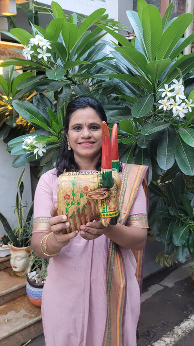 Nandhi Head Wall Decor Sandal Mango Wooden Carving Traditional Indian Handicrafts (13H x 7L x 5W Inches) Living and Pooja Room Decor Housewarming Gift