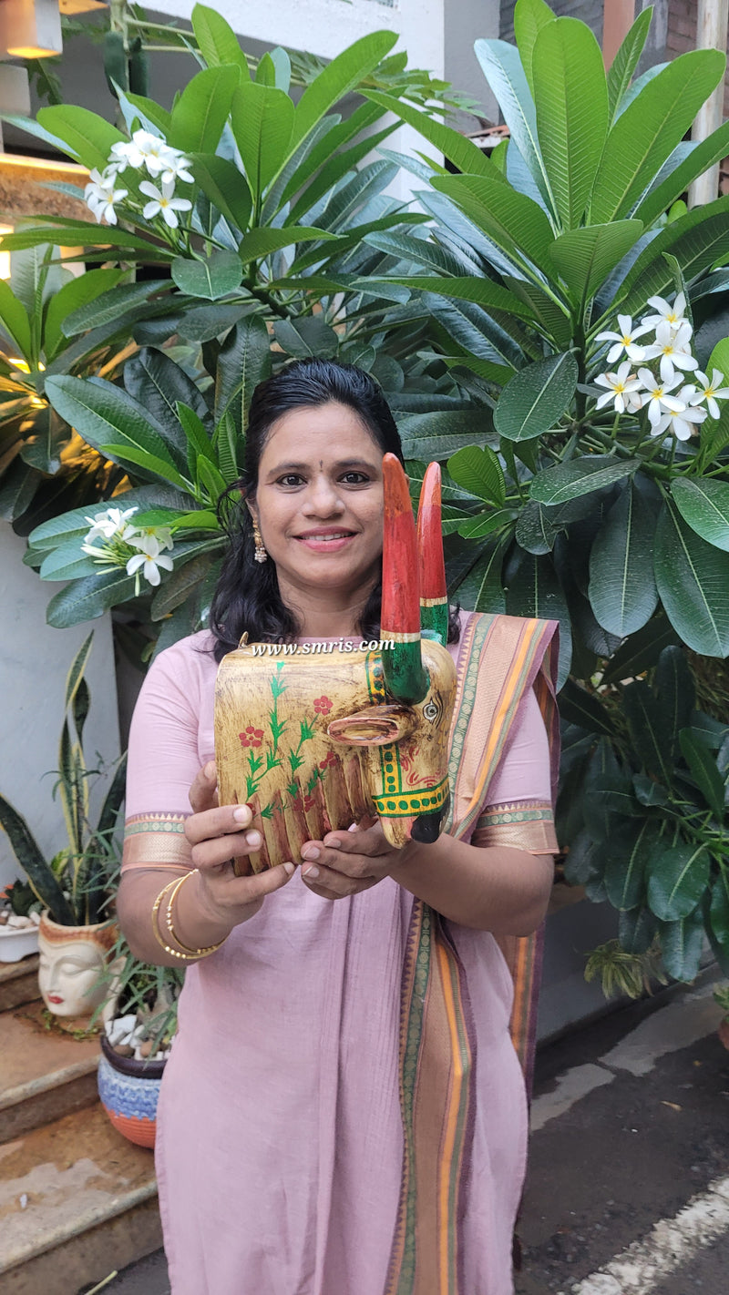 Nandhi Head Wall Decor Sandal Mango Wooden Carving Traditional Indian Handicrafts (13H x 7L x 5W Inches) Living and Pooja Room Decor Housewarming Gift