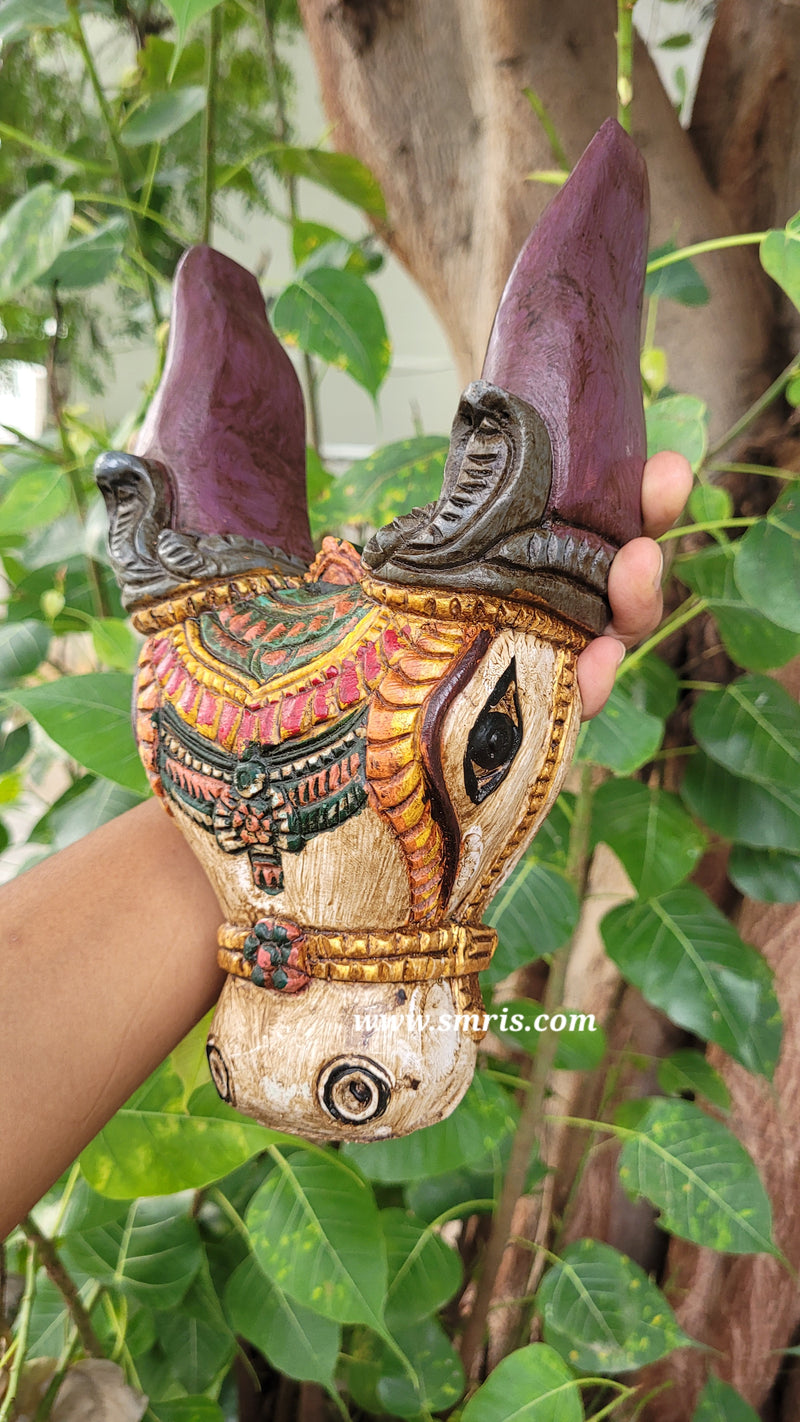 Cow Head Wooden Wall Hanging Decor Mahogany Wood Carving Traditional Chettinad Indian Handicrafts (10 H x 5.5 L x 3 W inches)