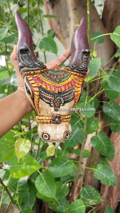 Cow Head Wooden Wall Hanging Decor Mahogany Wood Carving Traditional Chettinad Indian Handicrafts (10 H x 5.5 L x 3 W inches)