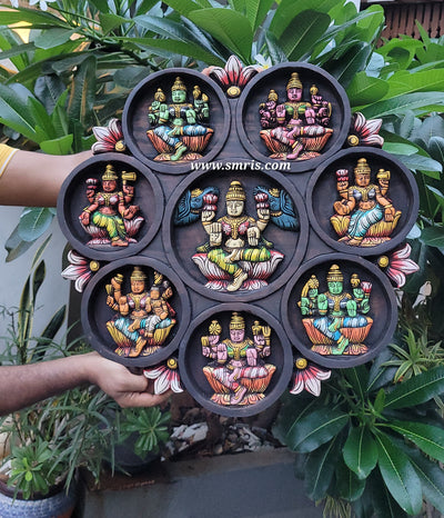 Goddess AshtaLakshmi ashtalakshmi Circular Wood Carving Wall Panel Multicolour Vaagai Wood Wall Hanging Traditional Indian Handicrafts (23.5H * 23L * 2W Inches)