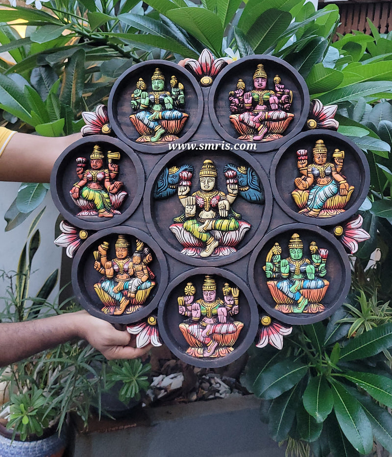 Goddess AshtaLakshmi ashtalakshmi Circular Wood Carving Wall Panel Multicolour Vaagai Wood Wall Hanging Traditional Indian Handicrafts (23.5H * 23L * 2W Inches)