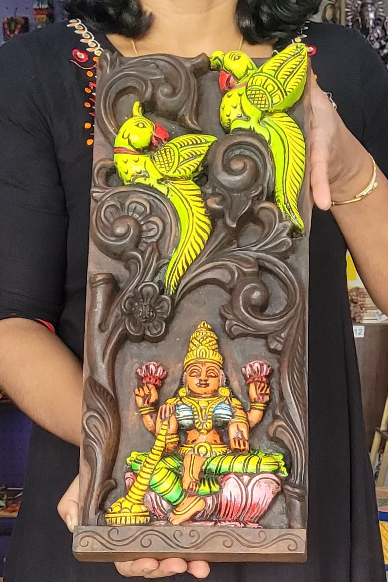 Goddess Lakshmi and 2 Parrot Wooden Wall Panel Mahogany Wooden Carving Wall Frame Hanging Decor Traditional Chettinad Indian Handicrafts (18H x 8L x 2W Inches)