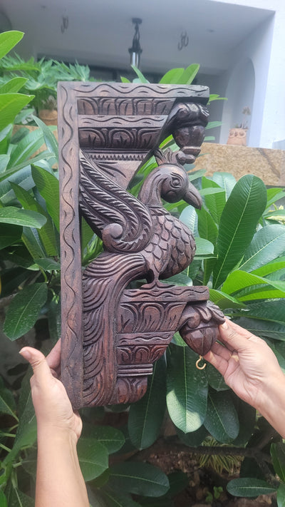Peacock Rosewood Natural Colour double Bodhil Vagai Wood Carving Wall Bracket / Corbel Wall Handing Entrance Decor Puja Decor Traditional Chettinad Indian Handicrafts (18H x 9L x 2.5W Inches)