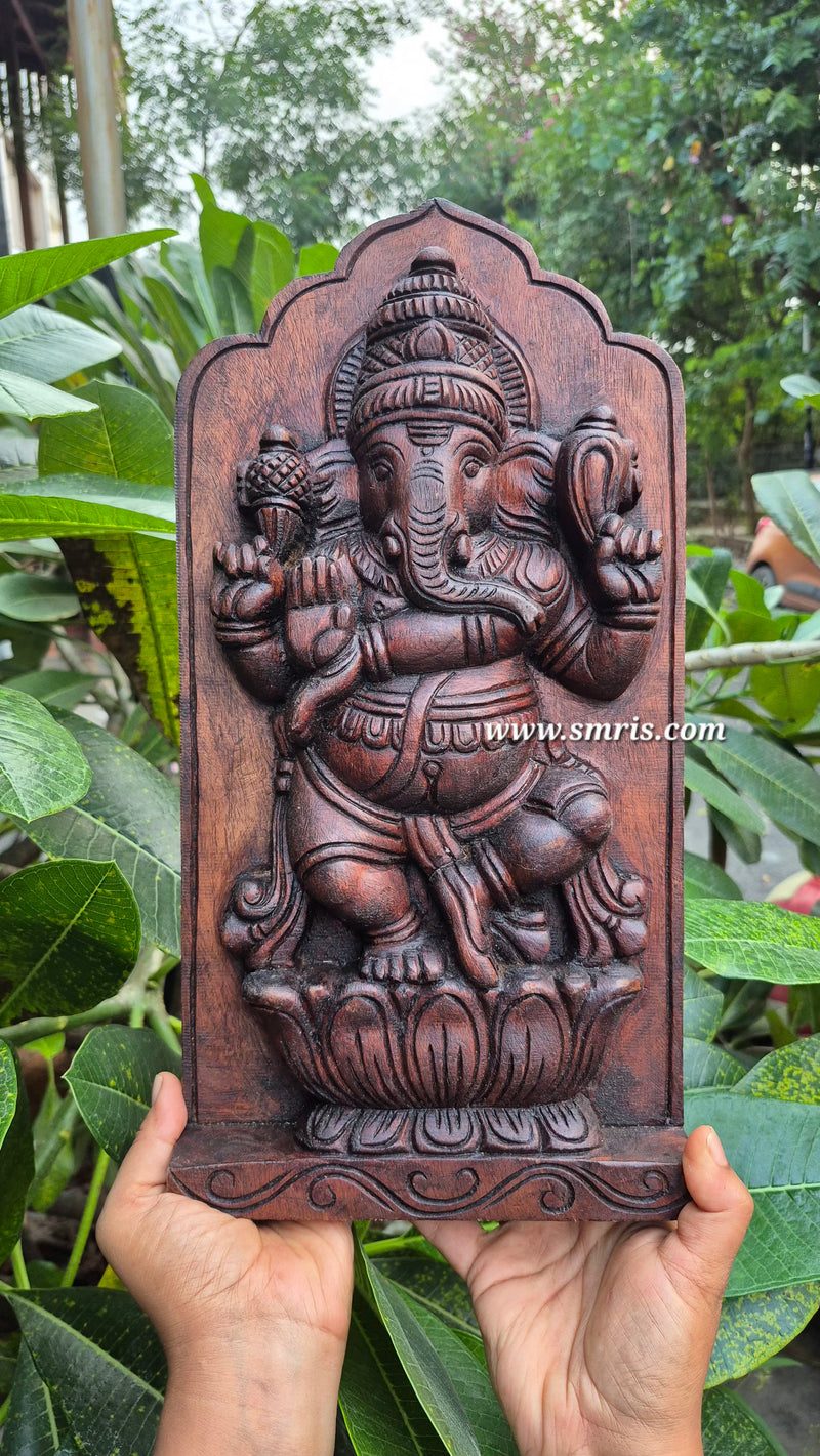 Dancing Ganesha Rosewood Natural Colour Mahogany Wood Carving Wall Panel / Wall Hanging Puja Room Traditional Chettinad Indian Handicrafts Puja Room Decor House Warming Gifts (15H x 8L x 2W Inches)