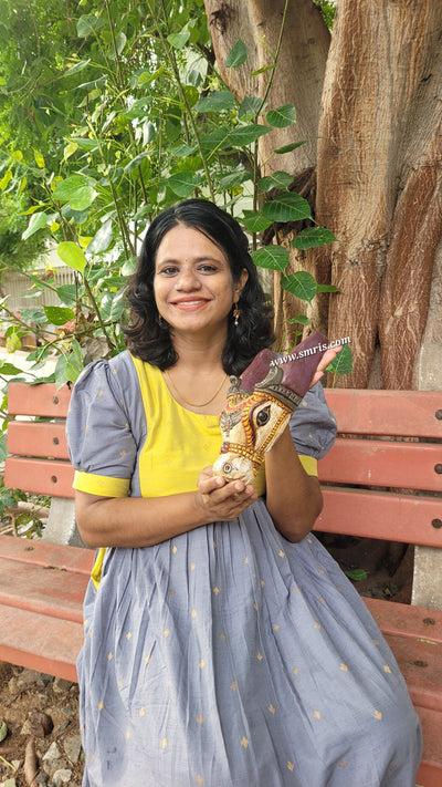 Cow Head Wooden Wall Hanging Decor Mahogany Wood Carving Traditional Chettinad Indian Handicrafts (10 H x 5.5 L x 3 W inches)