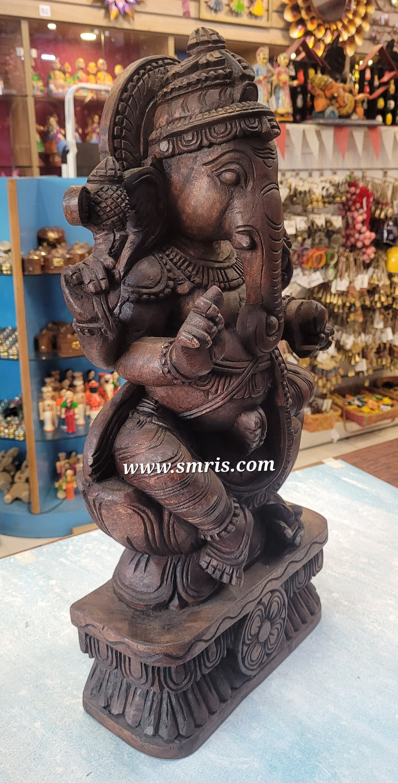Lord Ganesha / Vinayagar Trunk Right Side Wooden Statue Sculpture Idol Rosewood Colour 24 Inch Design 2 Vaagai Wooden Carving Pooja Idol Table Decor Traditional Chettinad Indian Handicrafts (24H x 12L x 5W Inches)