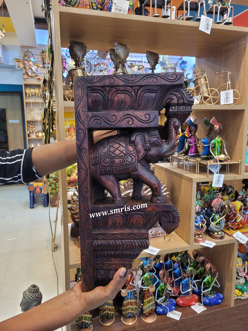 Wood carving Trunk Up Elephant Wall Bracket / Corbel Natural Colour BIG double Bodhil Wood Carving Traditional Chettinad Handicrafts (18H x 9.5L x 3.5W Inches)