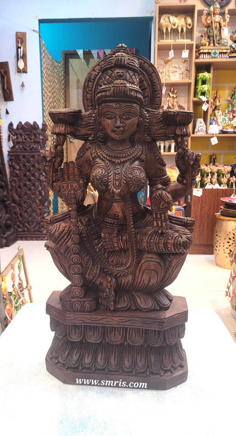 Goddess Lakshmi Wooden Statue Sculpture Idol Rosewood Colour 24 Inch Design 1 Vaagai Wooden Carving Pooja Idol Table Decor Traditional Chettinad Indian Handicrafts (24H x 12L x 4.5W Inches)